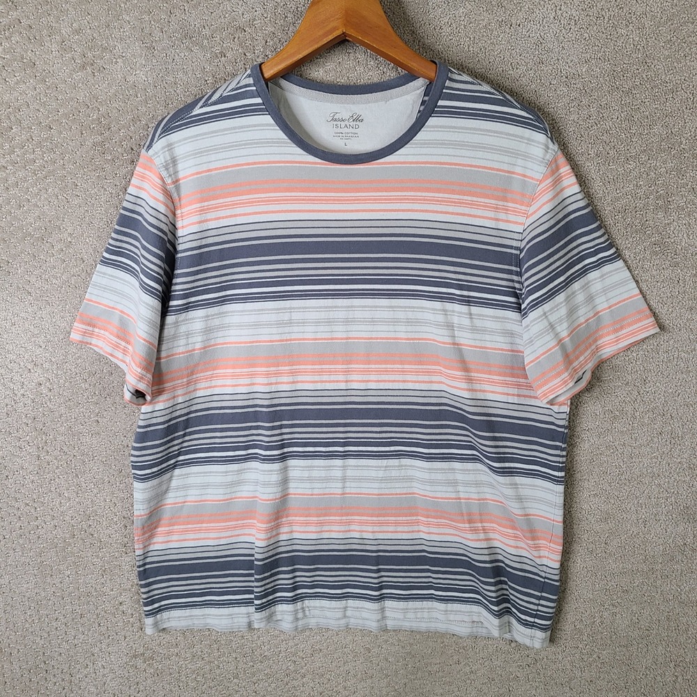 Tasso Elba Island Shirt Mens L Grey Pink Striped Cotton Crew Neck Short Sleeve